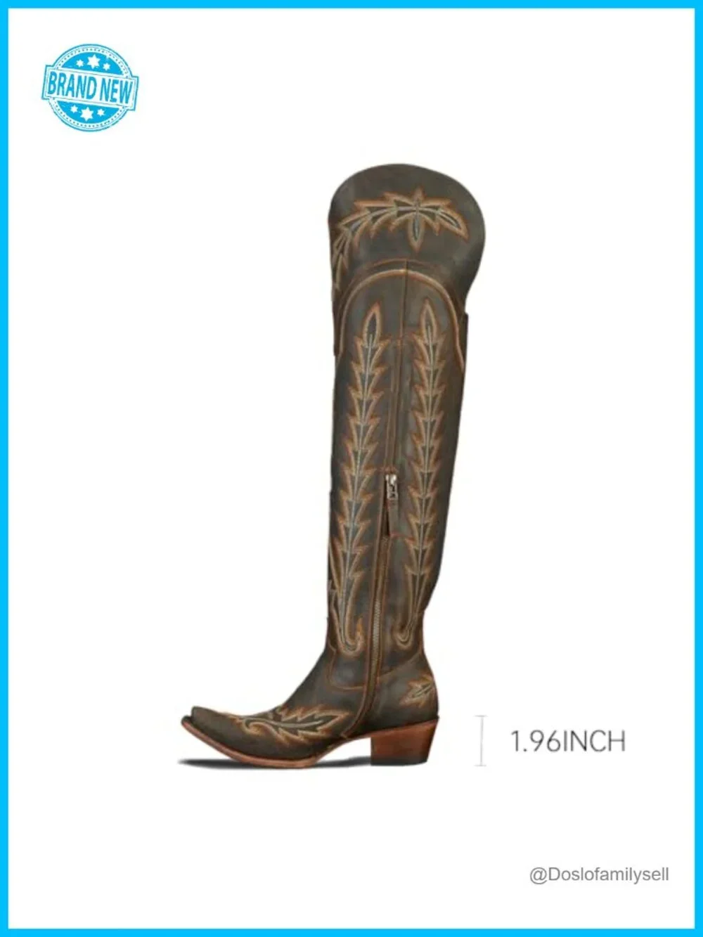 Over the Knee Embroidery Cowboy Boots Chunky Heel Side Zipper PU Leather Thigh